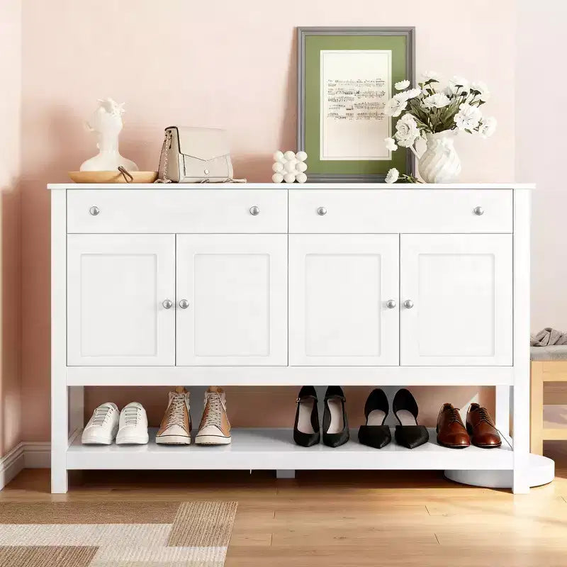 Mobile credenza moderno da 47", armadietto da buffet, mobiletto d'accento con ripiani e cassetti regolabili, per soggiorno, bianco
