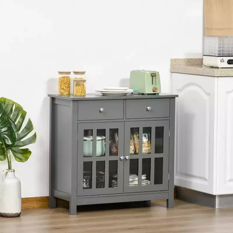 Mobile credenza, Armadio contenitore con ante in vetro, armadio a ripiani regolabili e 2 cassetti per la cucina