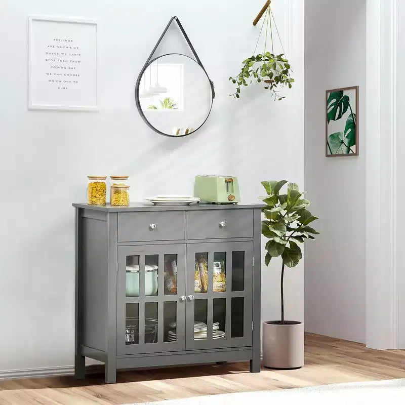 Mobile credenza, Armadio contenitore con ante in vetro, armadio a ripiani regolabili e 2 cassetti per la cucina