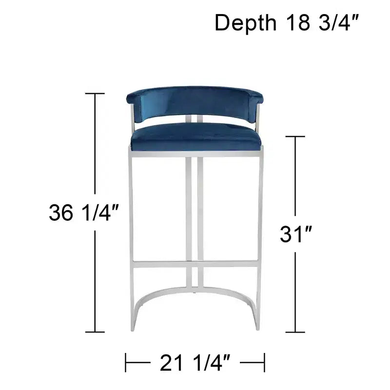 Sgabello da bar Jazmin in acciaio inossidabile lucido argento 31 alto moderno cuscino blu con schienale basso poggiapiedi per cucina bancone isola