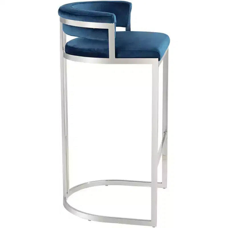 Sgabello da bar Jazmin in acciaio inossidabile lucido argento 31 alto moderno cuscino blu con schienale basso poggiapiedi per cucina bancone isola
