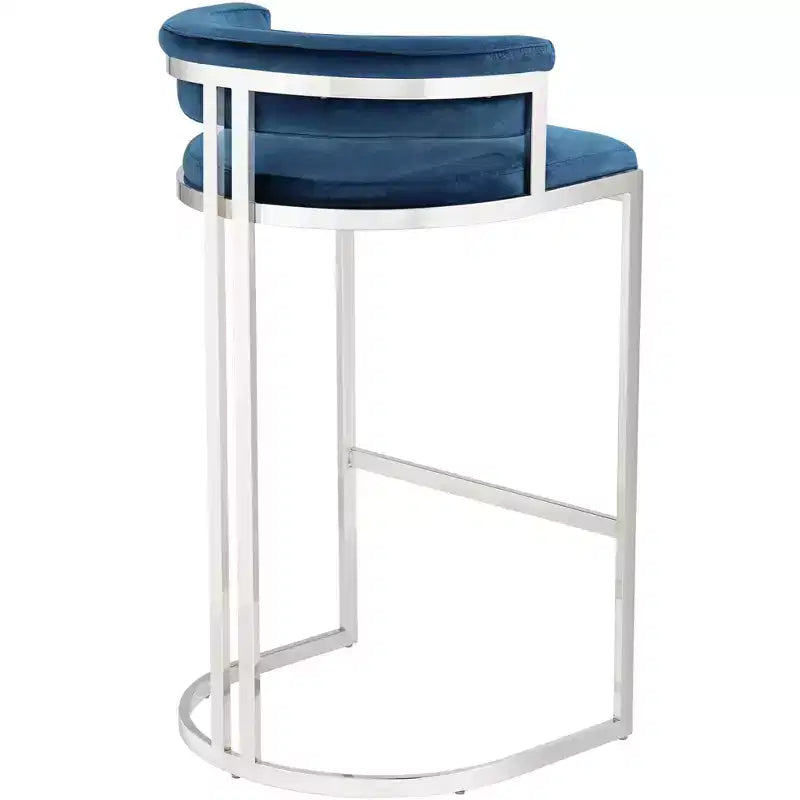 Sgabello da bar Jazmin in acciaio inossidabile lucido argento 31 alto moderno cuscino blu con schienale basso poggiapiedi per cucina bancone isola