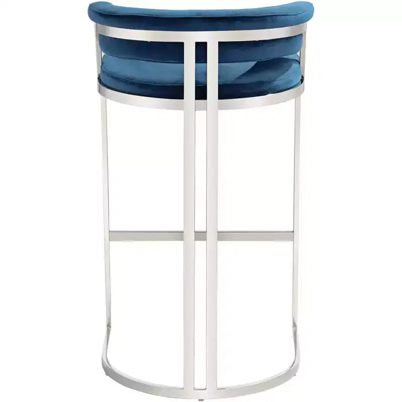 Sgabello da bar Jazmin in acciaio inossidabile lucido argento 31 alto moderno cuscino blu con schienale basso poggiapiedi per cucina bancone isola