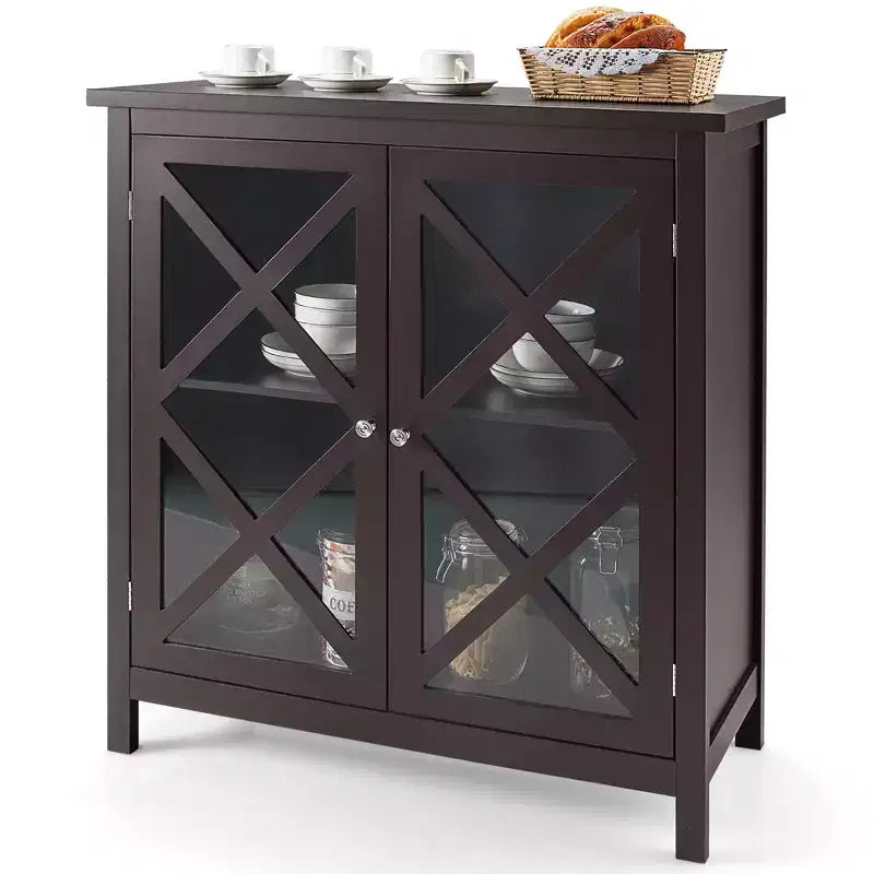Mobile credenza da cucina con ante in vetro e ripiano regolabile Bianco/Marrone