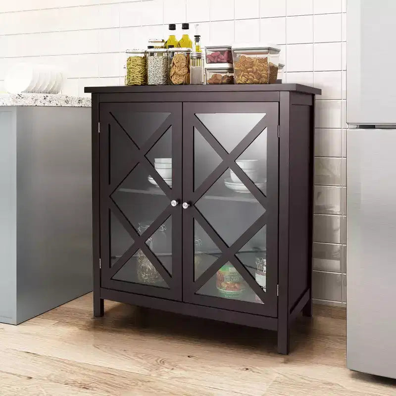 Mobile credenza da cucina con ante in vetro e ripiano regolabile Bianco/Marrone