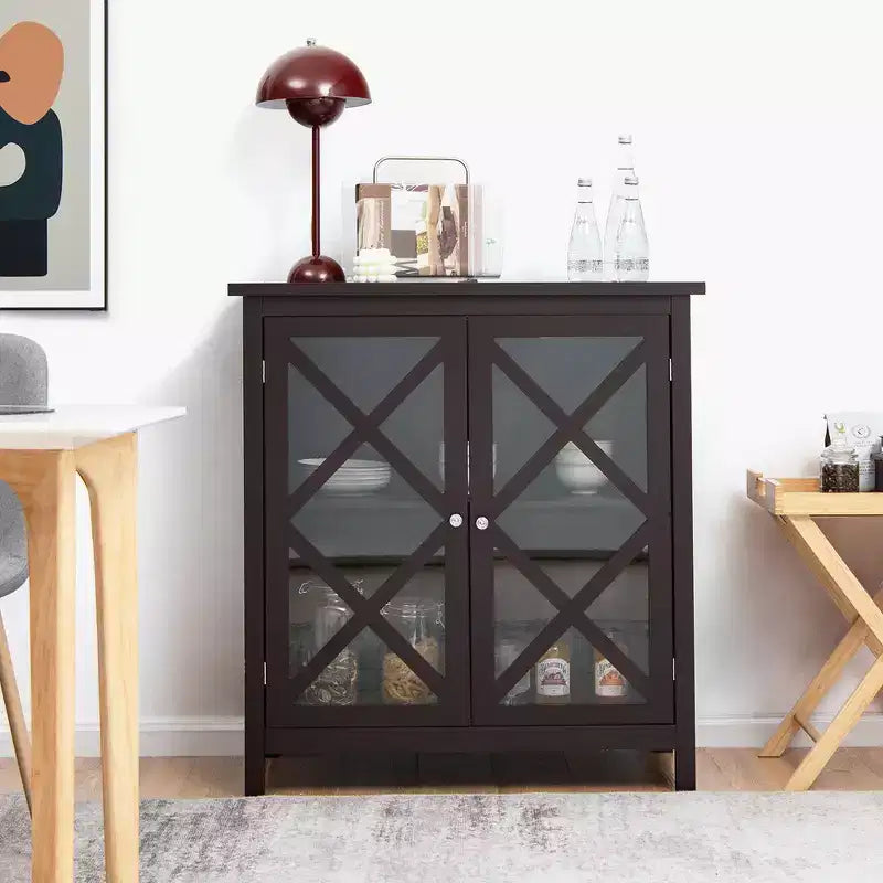 Mobile credenza da cucina con ante in vetro e ripiano regolabile Bianco/Marrone