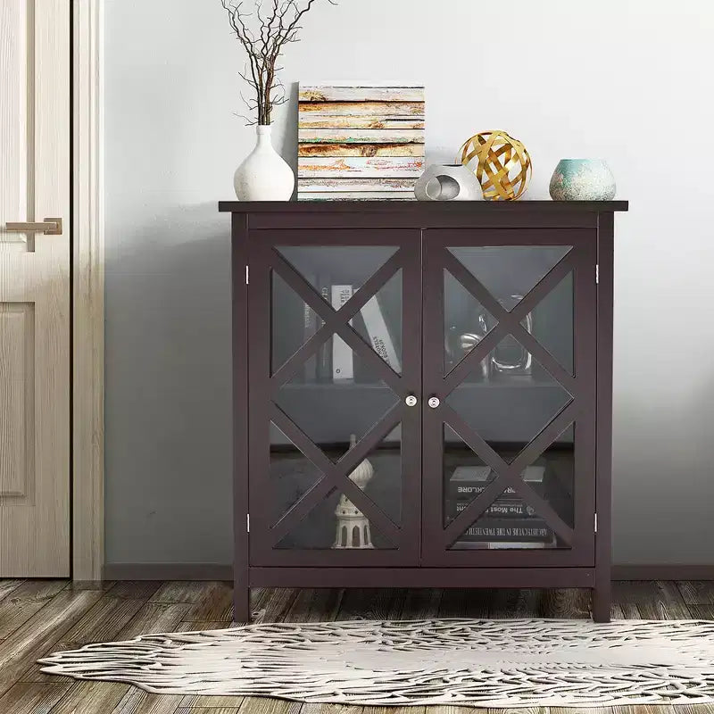 Mobile credenza da cucina con ante in vetro e ripiano regolabile Bianco/Marrone