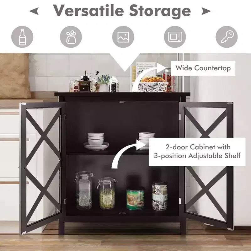 Mobile credenza da cucina con ante in vetro e ripiano regolabile Bianco/Marrone