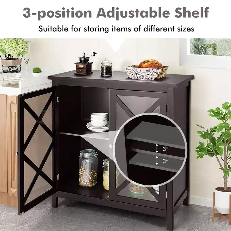 Mobile credenza da cucina con ante in vetro e ripiano regolabile Bianco/Marrone