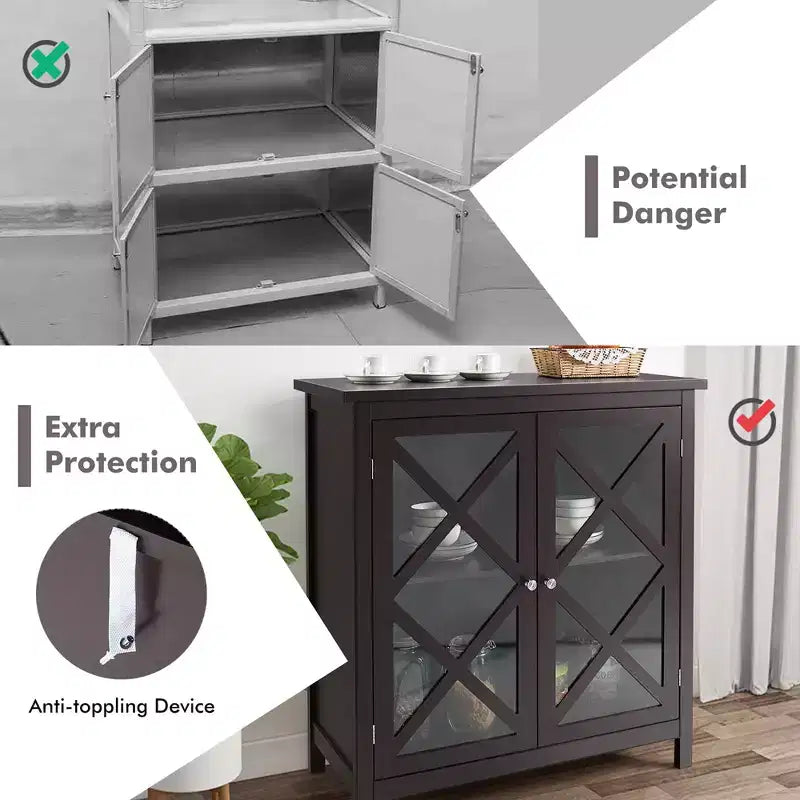 Mobile credenza da cucina con ante in vetro e ripiano regolabile Bianco/Marrone
