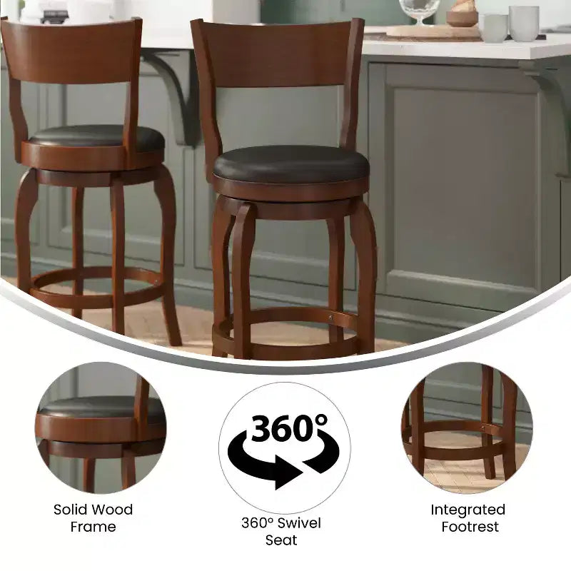 Sgabello da bar Nichola classico girevole aperto sul retro, altezza bancone, con struttura in legno curvato e seduta imbottita, di qualità commerciale