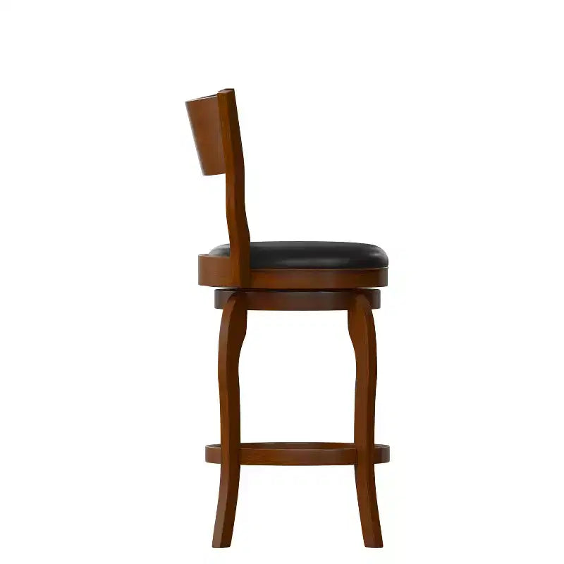 Sgabello da bar Nichola classico girevole aperto sul retro, altezza bancone, con struttura in legno curvato e seduta imbottita, di qualità commerciale