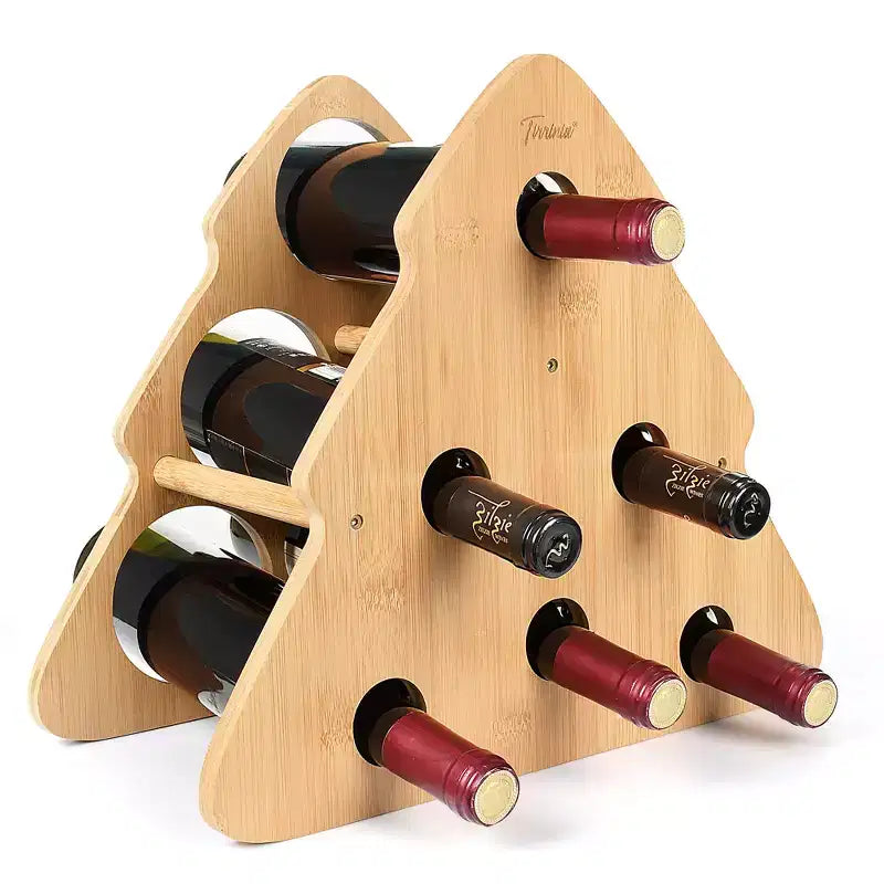 Tirrinia Christmas Tree-Shaped Bamboo Wine Rack - 6 Bottle Freestanding Holder for Kitchen, Bar & Home Storage