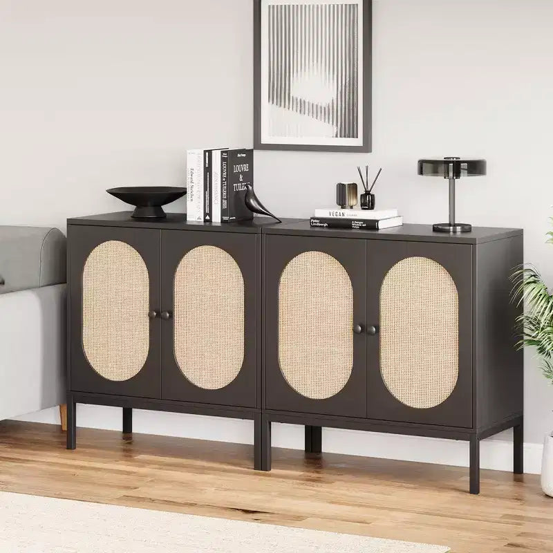 Mobile credenza, Mobile contenitore in rattan con ante e ripiani